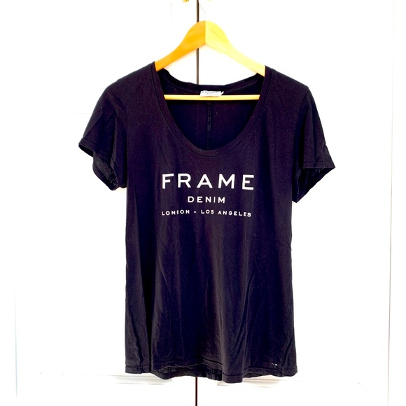 FRAME Denim Black V-Neck Logo Tee - Picture 1 of 7